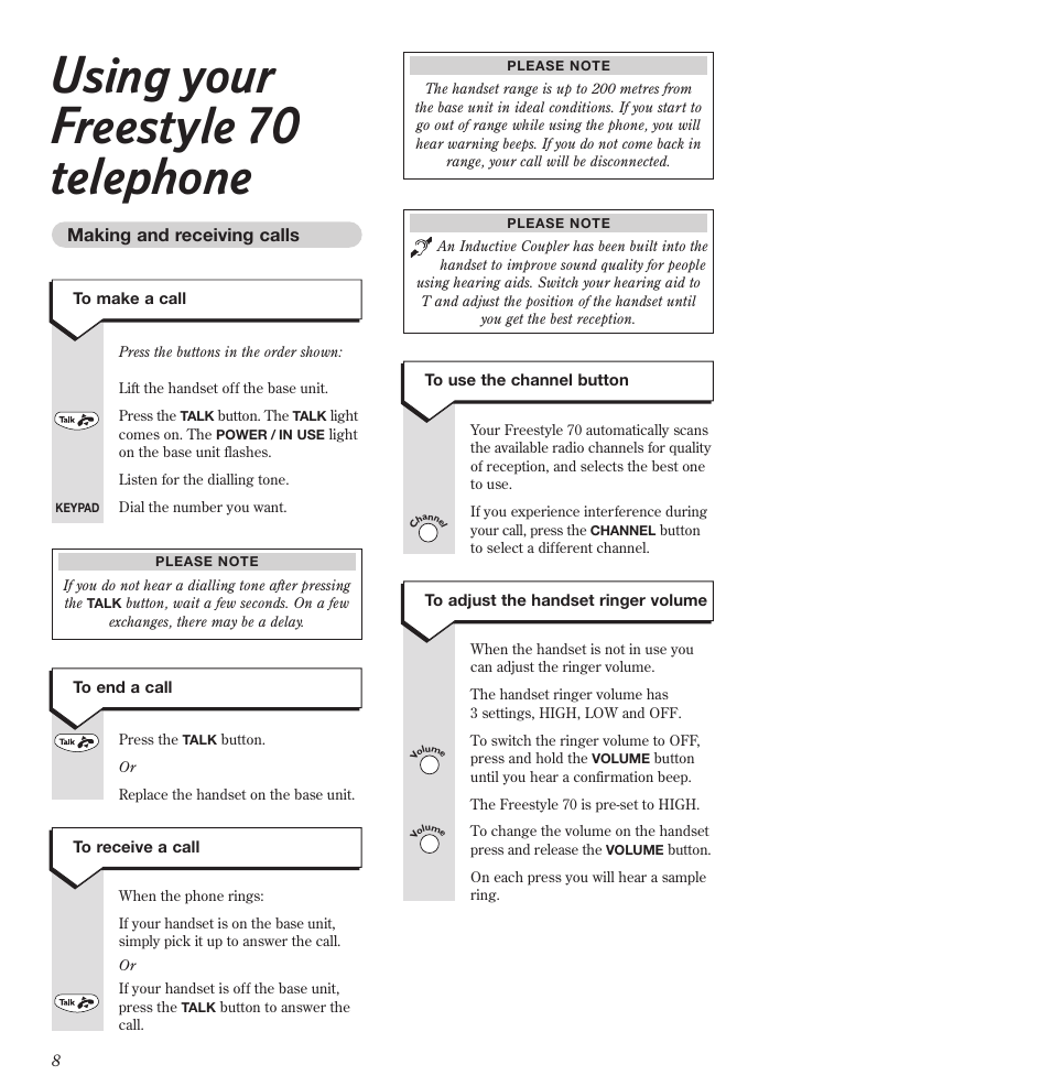 Using your freestyle 70 telephone | BT Freestyle 70 User Manual | Page 8 / 20
