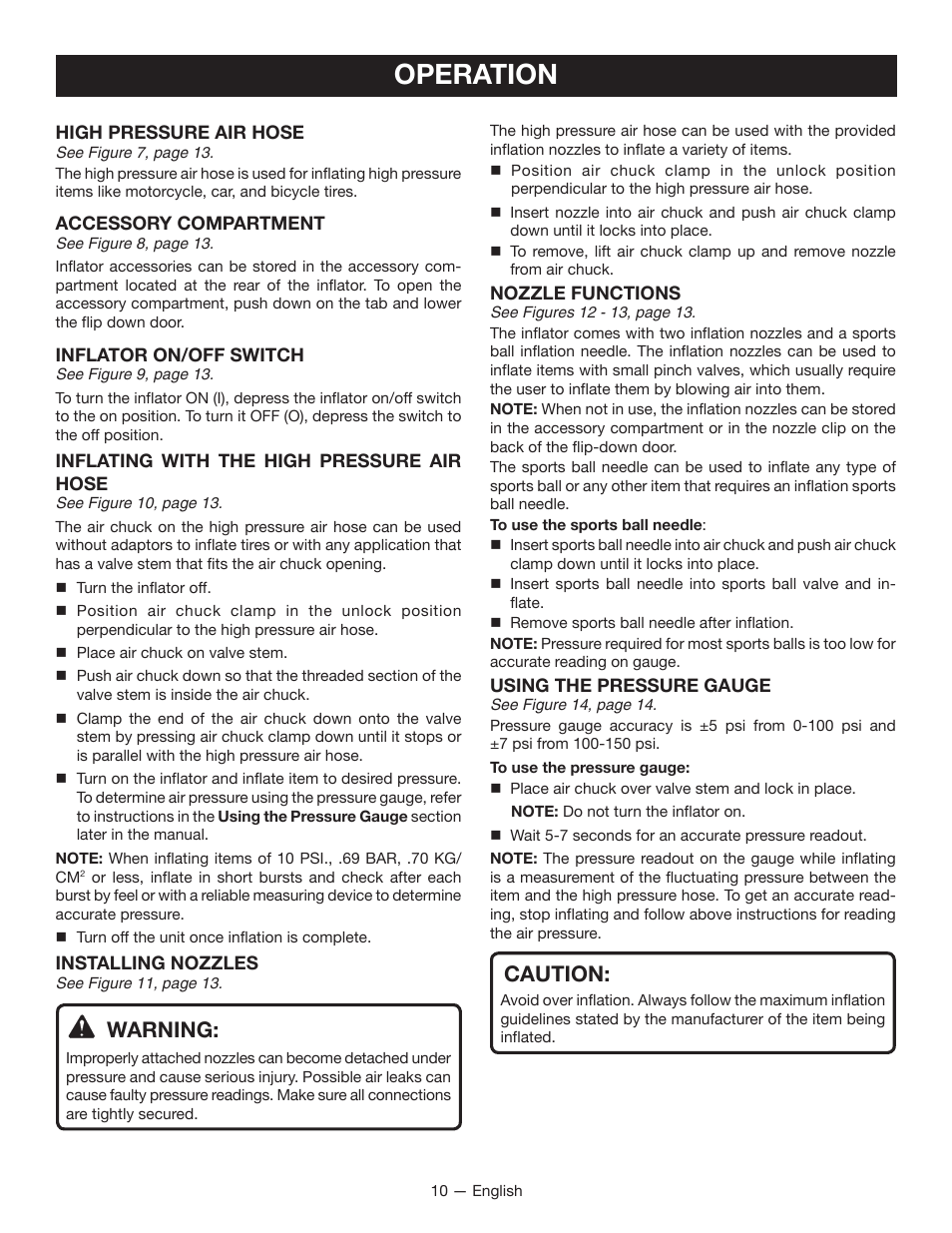 Operation, Caution, Warning | Ryobi YN500A User Manual | Page 10 / 36