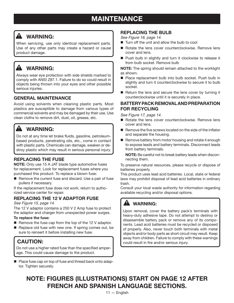 Maintenance, Warning, Caution | Ryobi YN500A User Manual | Page 11 / 36