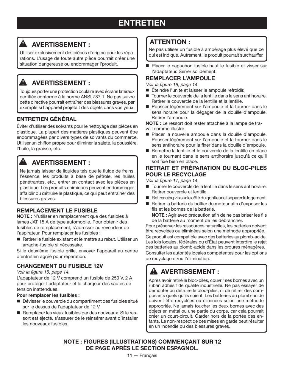 Entretien, Avertissement, Attention | Ryobi YN500A User Manual | Page 21 / 36