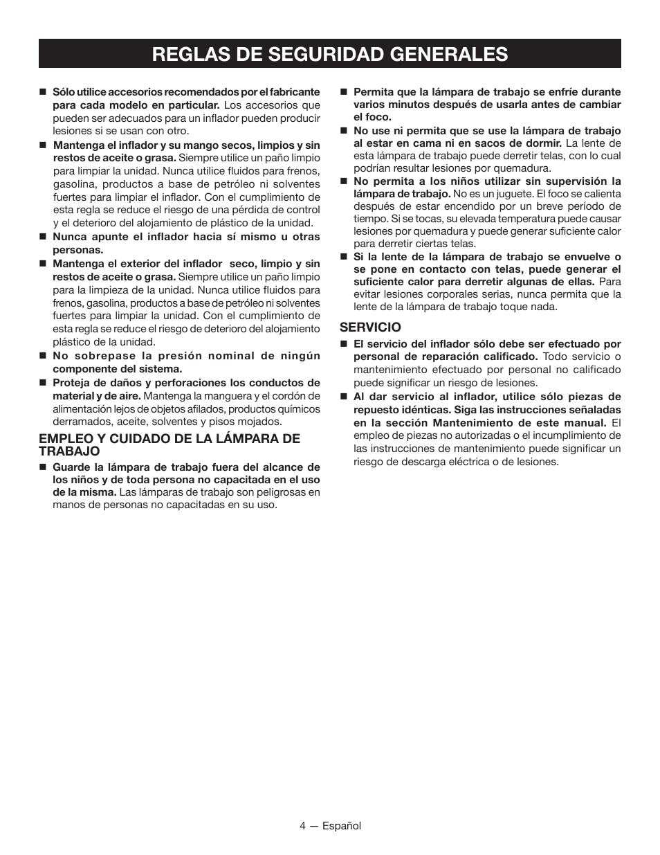 Reglas de seguridad generales | Ryobi YN500A User Manual | Page 24 / 36