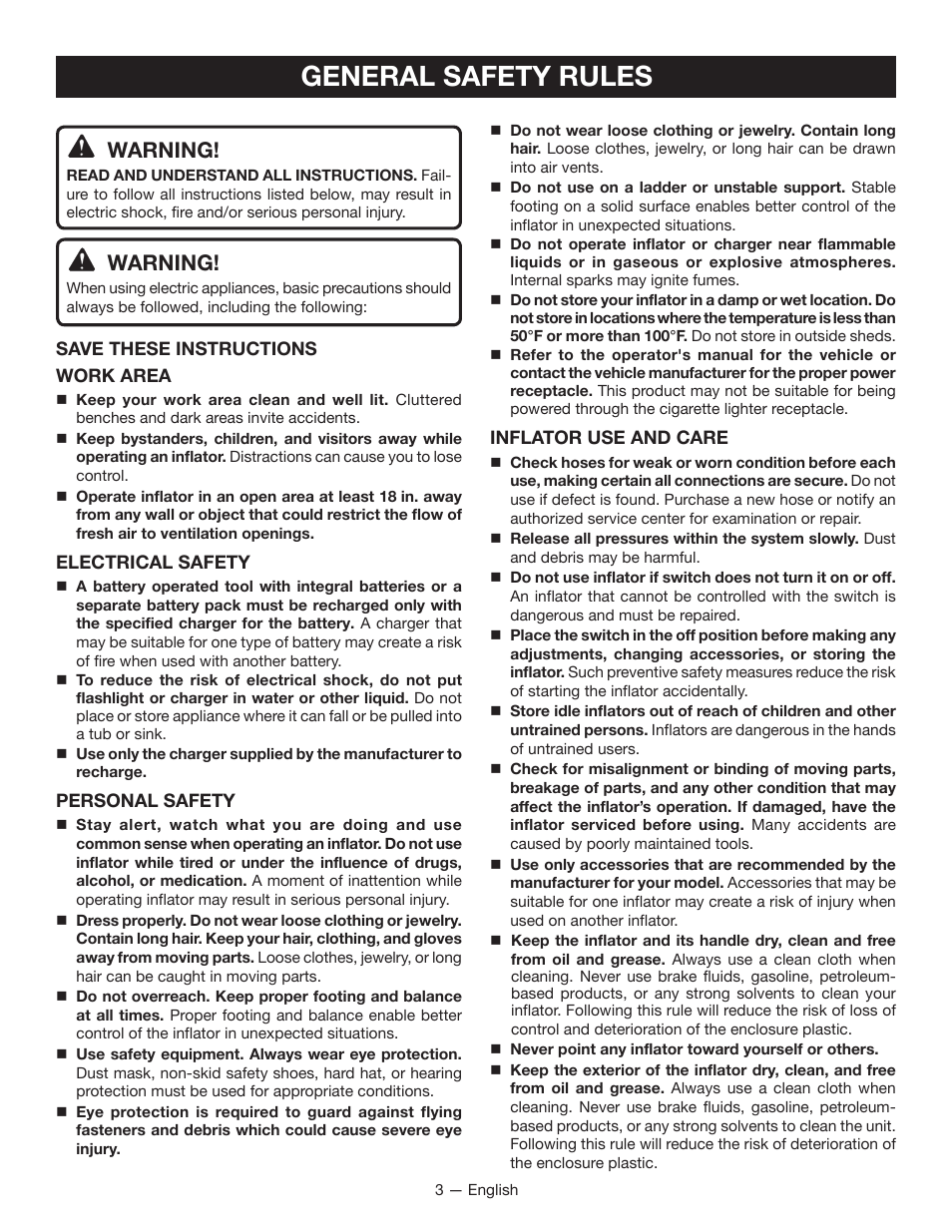 General safety rules, Warning | Ryobi YN500A User Manual | Page 3 / 36