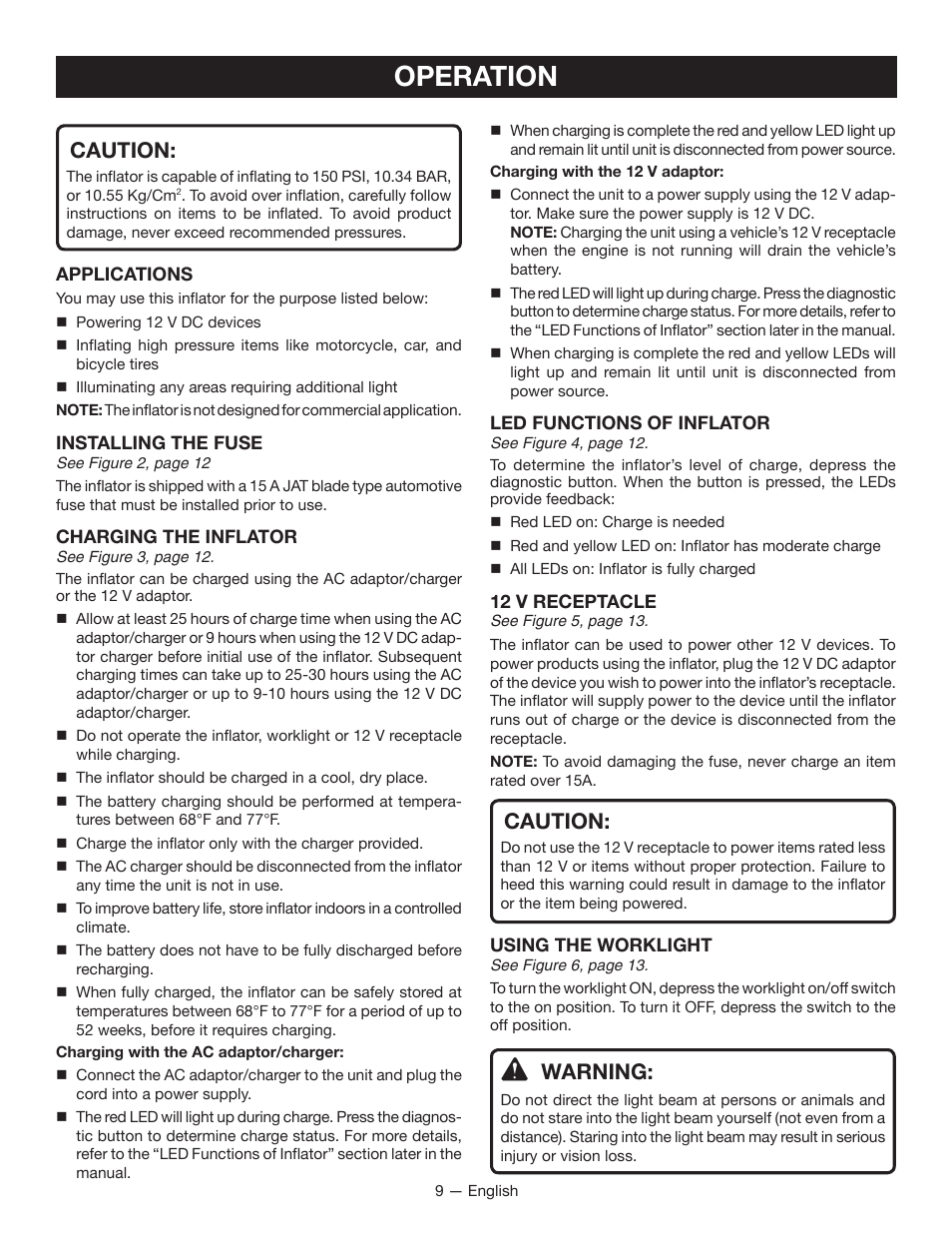 Operation, Caution, Warning | Ryobi YN500A User Manual | Page 9 / 36