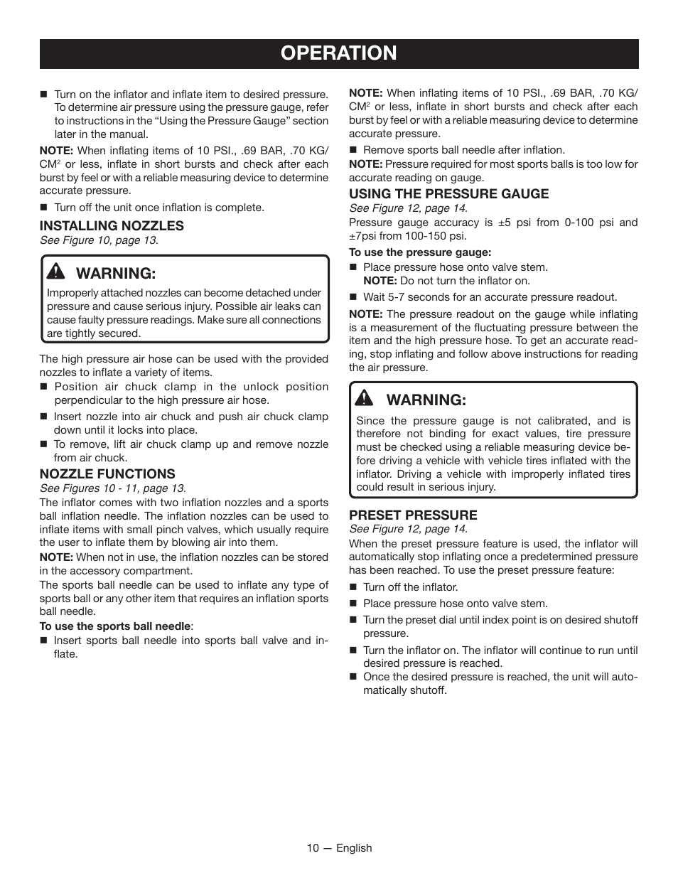 Operation, Warning | Ryobi YN600A User Manual | Page 10 / 36