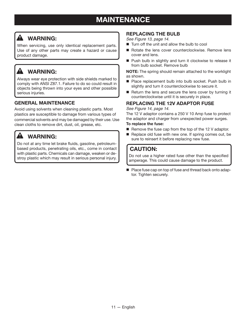 Maintenance, Warning, Caution | Ryobi YN600A User Manual | Page 11 / 36