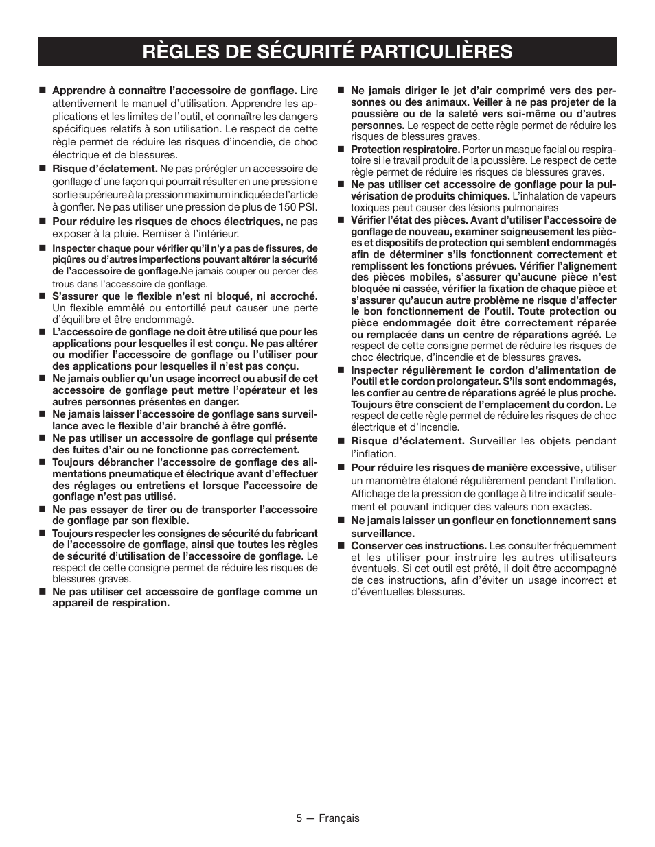 Règles de sécurité particulières | Ryobi YN600A User Manual | Page 15 / 36