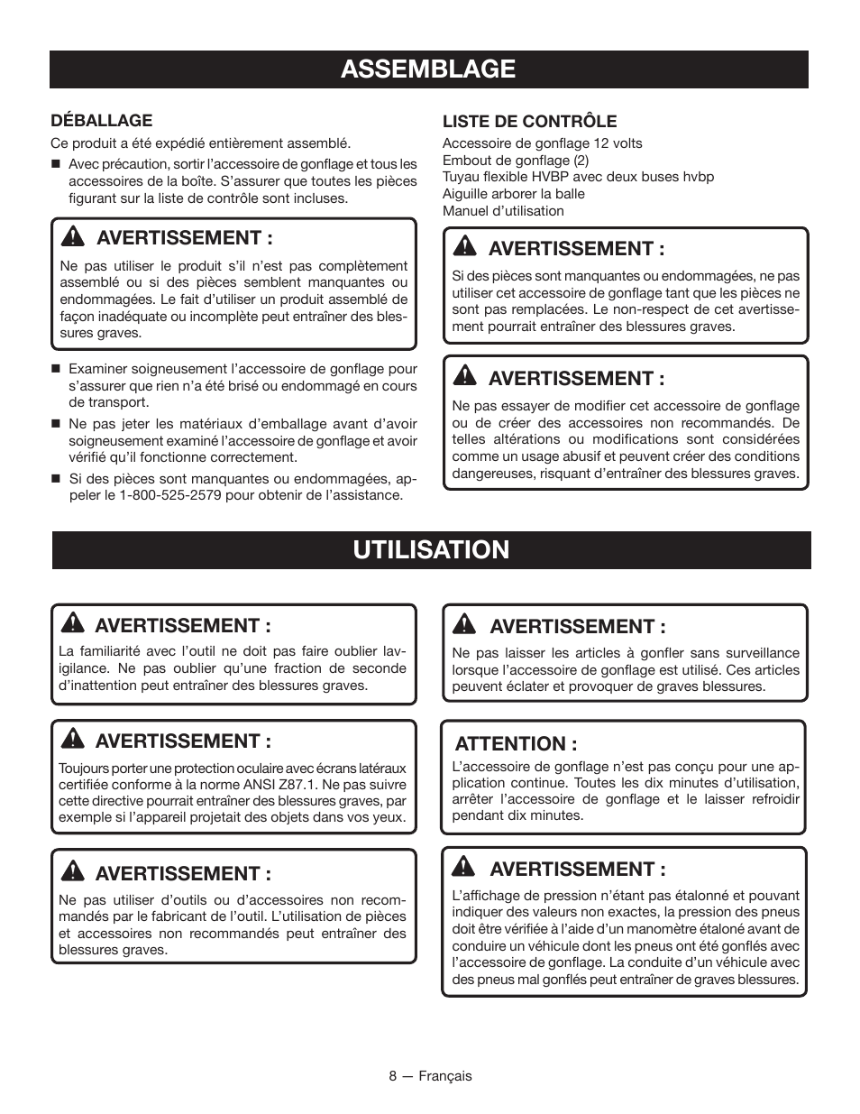 Utilisation assemblage, Avertissement, Attention | Ryobi YN600A User Manual | Page 18 / 36