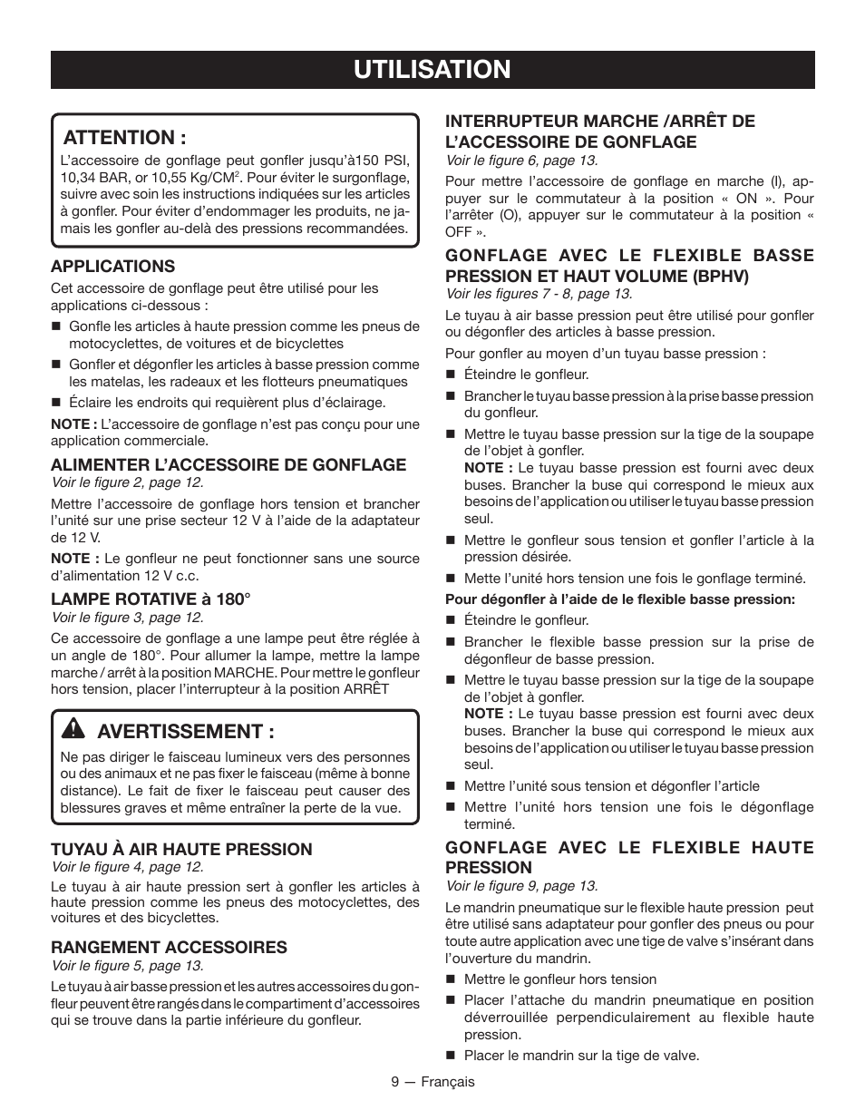 Utilisation, Attention, Avertissement | Ryobi YN600A User Manual | Page 19 / 36