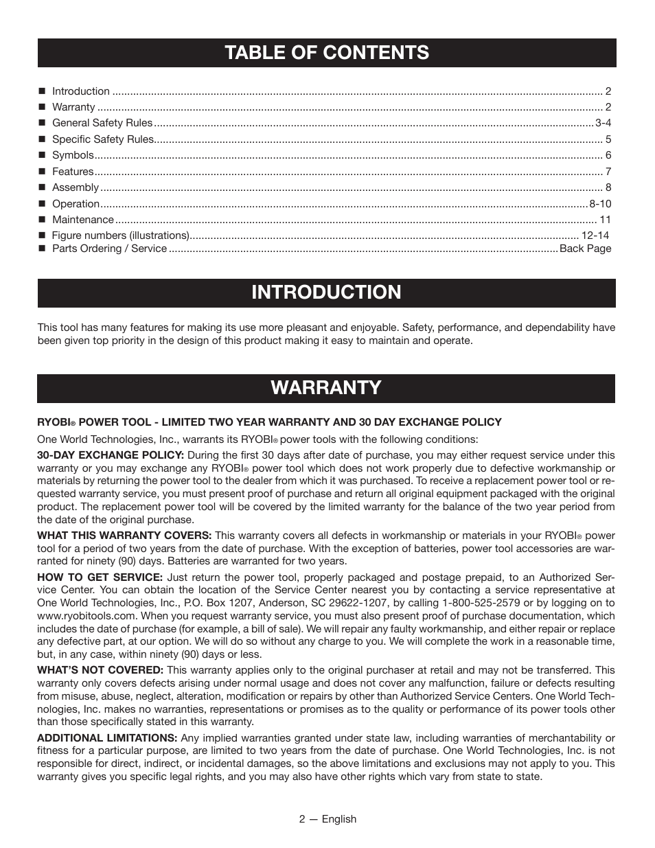 Table of contents introduction, Warranty | Ryobi YN600A User Manual | Page 2 / 36