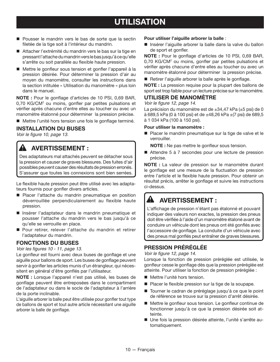 Utilisation, Avertissement | Ryobi YN600A User Manual | Page 20 / 36