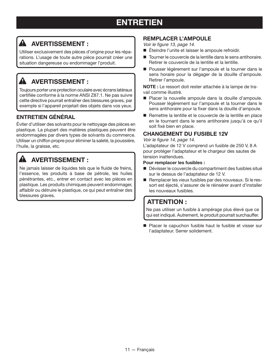 Entretien, Avertissement, Attention | Ryobi YN600A User Manual | Page 21 / 36