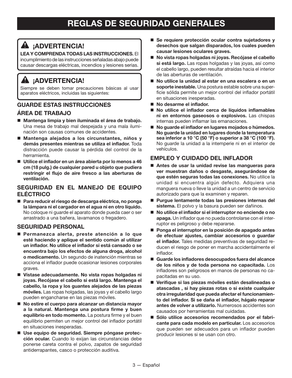 Reglas de seguridad generales, Advertencia | Ryobi YN600A User Manual | Page 23 / 36