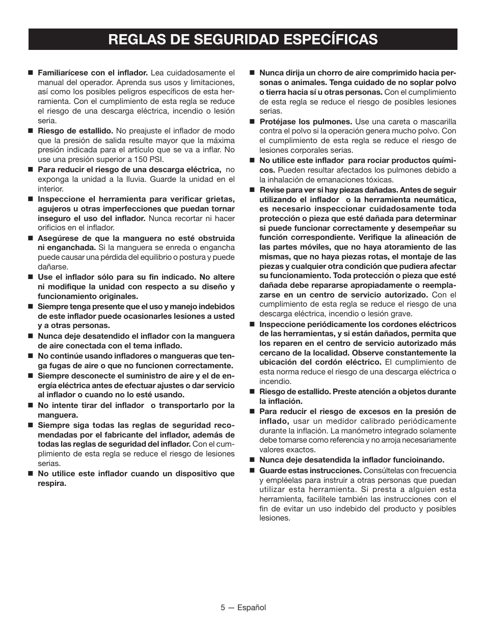 Reglas de seguridad específicas | Ryobi YN600A User Manual | Page 25 / 36