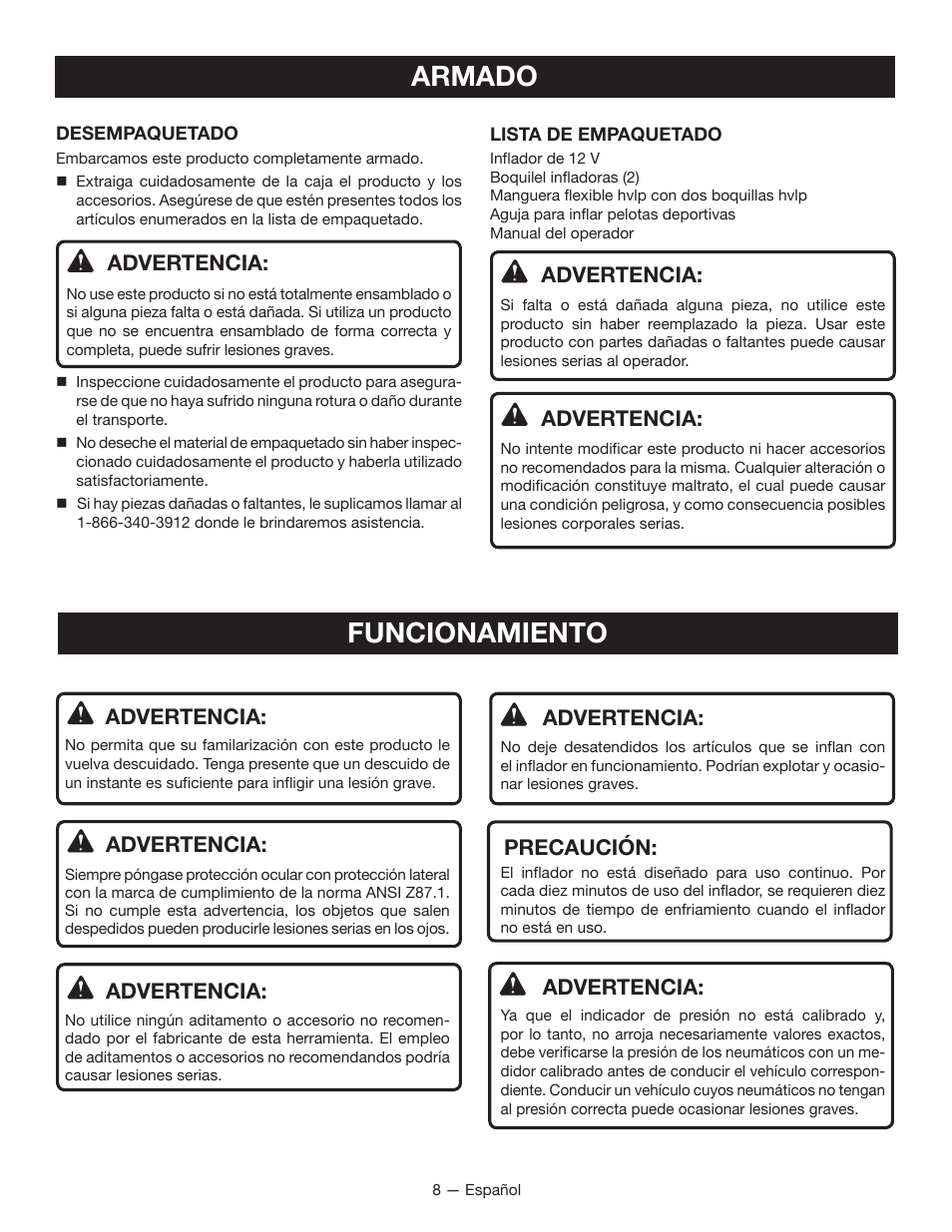 Funcionamiento armado, Advertencia, Precaución | Ryobi YN600A User Manual | Page 28 / 36