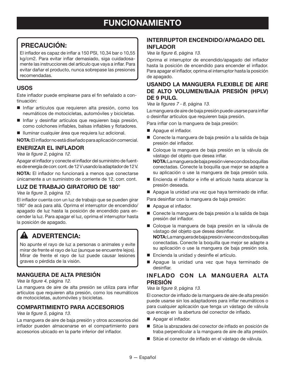 Funcionamiento, Precaución, Advertencia | Ryobi YN600A User Manual | Page 29 / 36