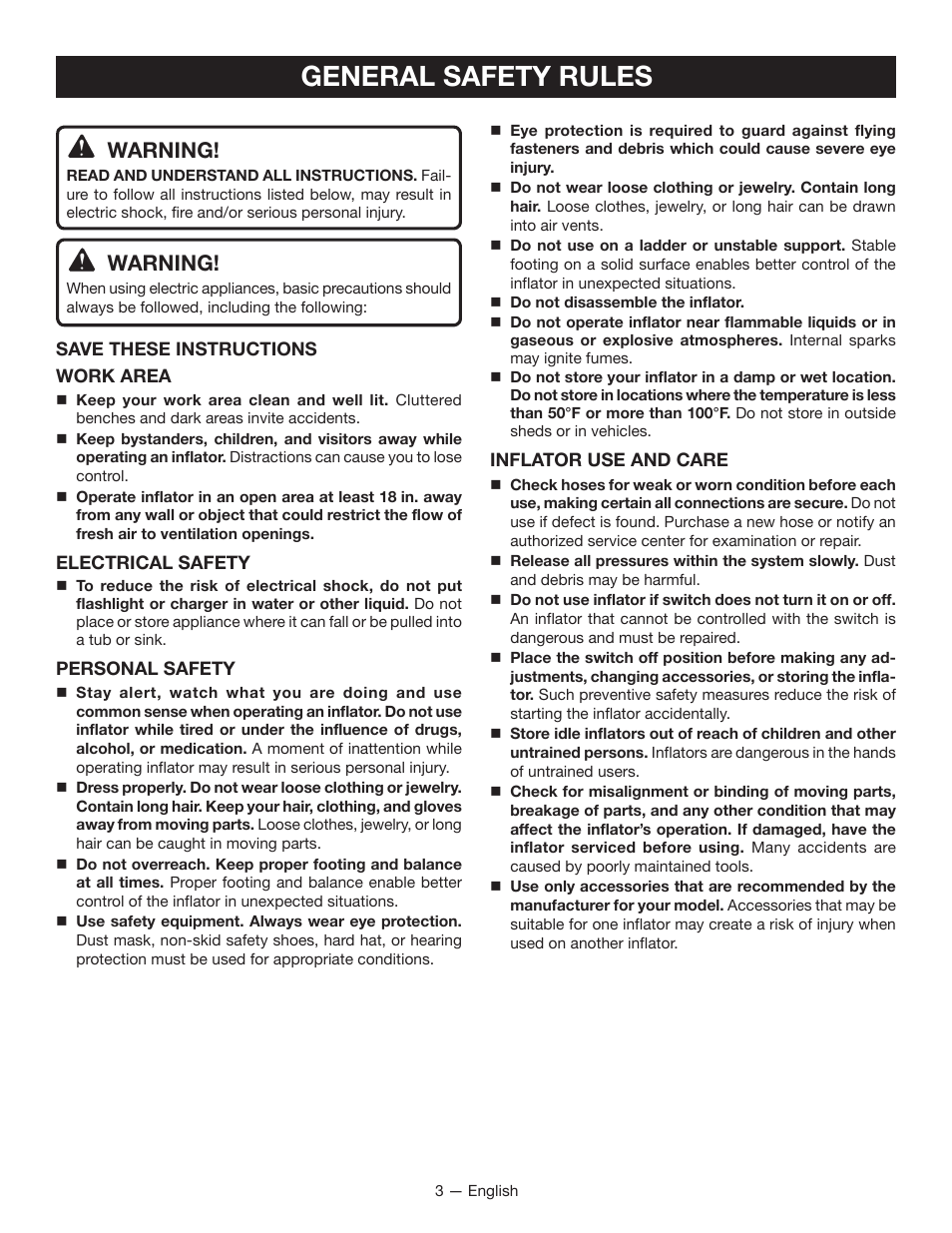 General safety rules, Warning | Ryobi YN600A User Manual | Page 3 / 36