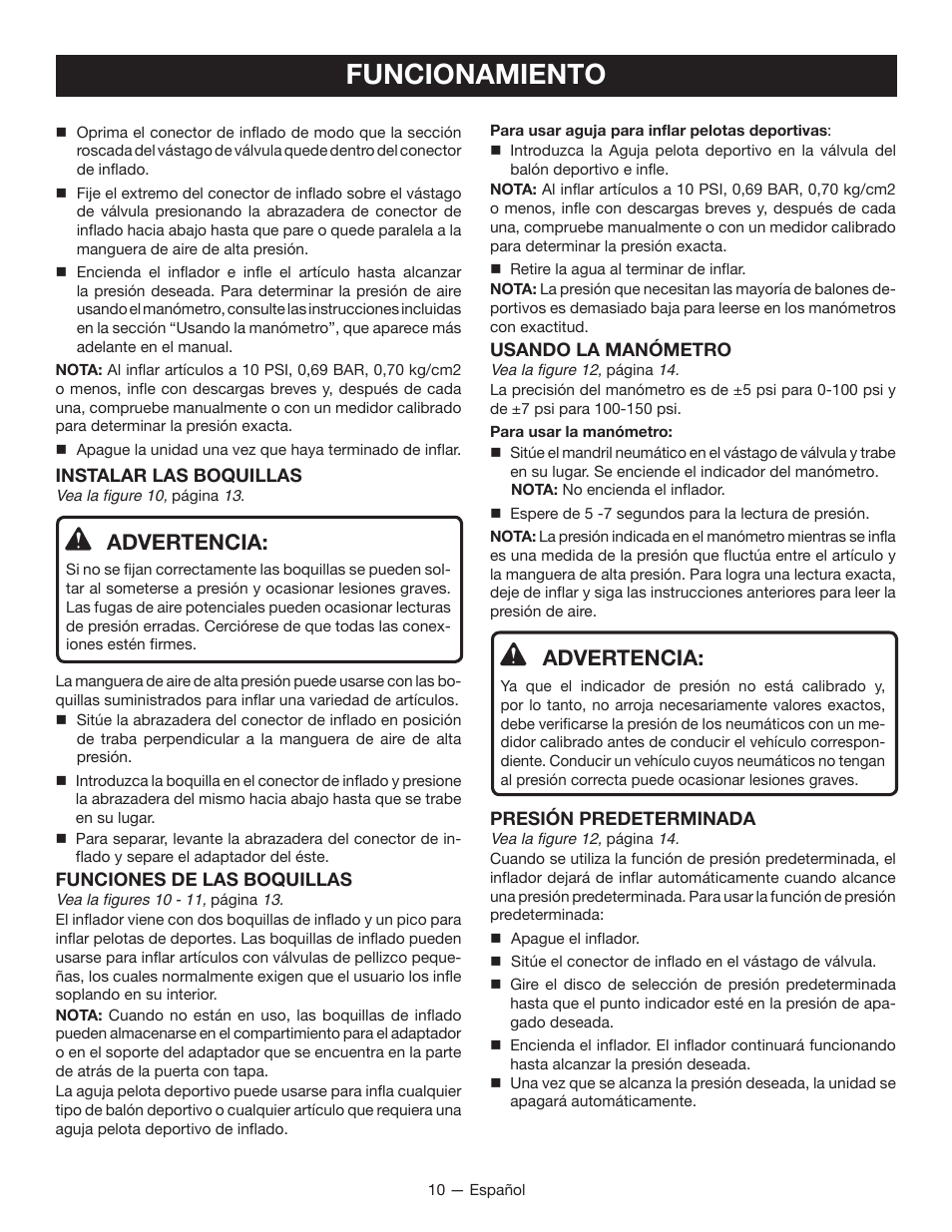 Funcionamiento, Advertencia | Ryobi YN600A User Manual | Page 30 / 36