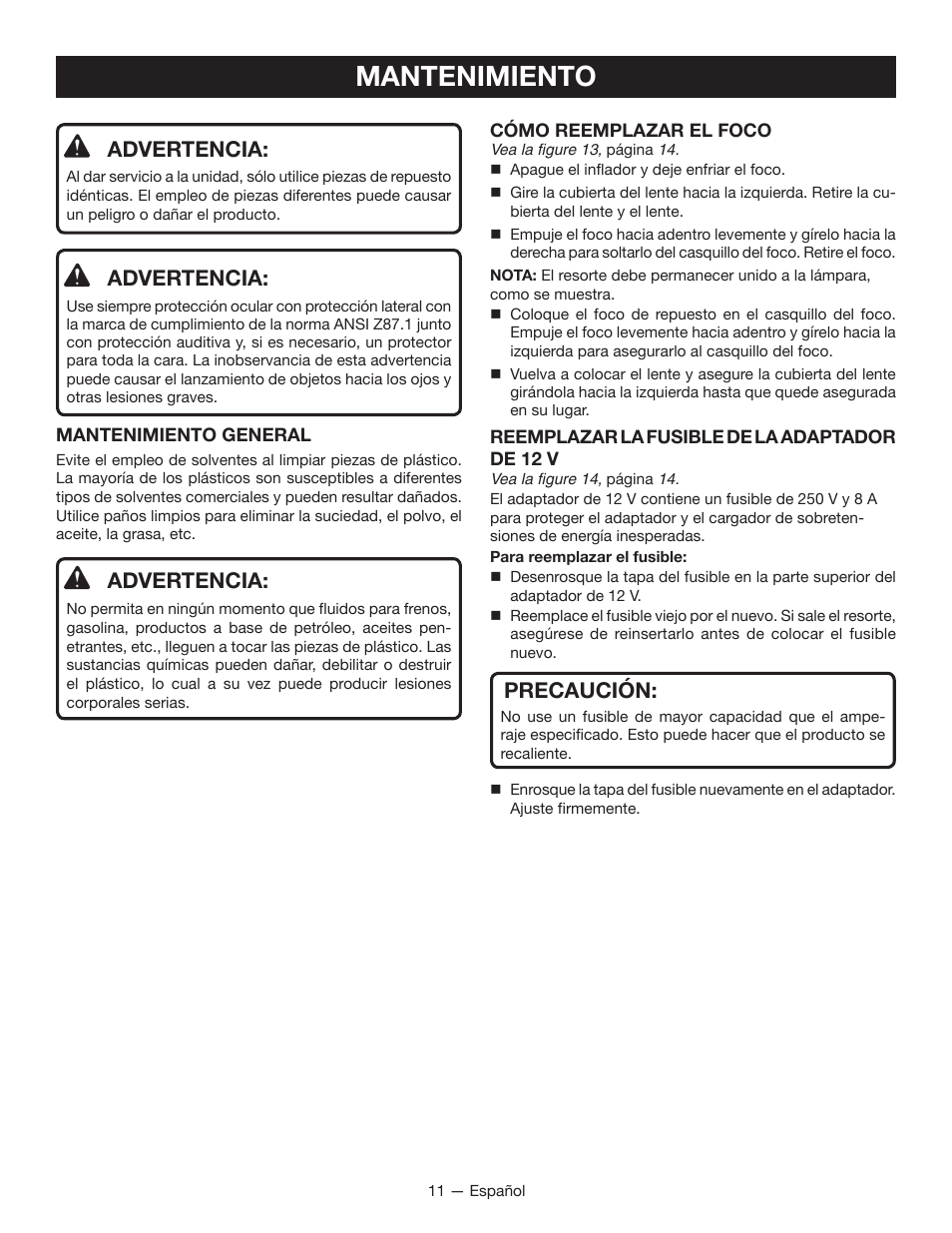 Mantenimiento, Advertencia, Precaución | Ryobi YN600A User Manual | Page 31 / 36