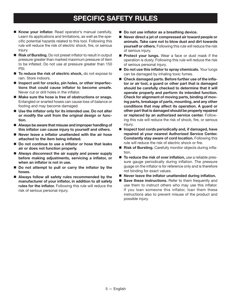Specific safety rules | Ryobi YN600A User Manual | Page 5 / 36