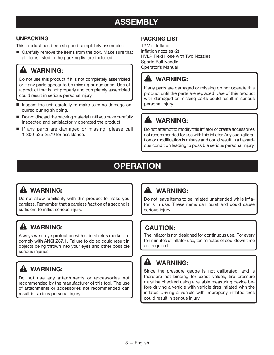 Operation assembly, Warning, Caution | Ryobi YN600A User Manual | Page 8 / 36