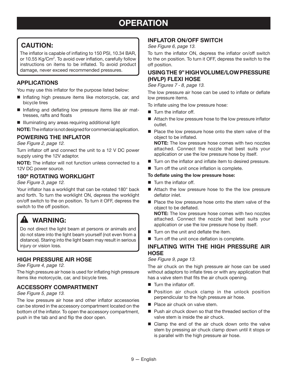 Operation, Caution, Warning | Ryobi YN600A User Manual | Page 9 / 36