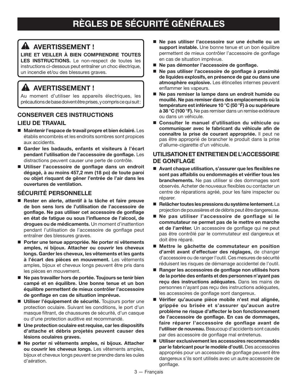 Règles de sécurité générales, Avertissement | Ryobi YN100A User Manual | Page 11 / 28