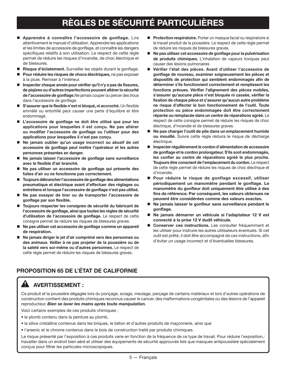 Règles de sécurité particulières, Avertissement, Proposition 65 de l’état de californie | Ryobi YN100A User Manual | Page 13 / 28