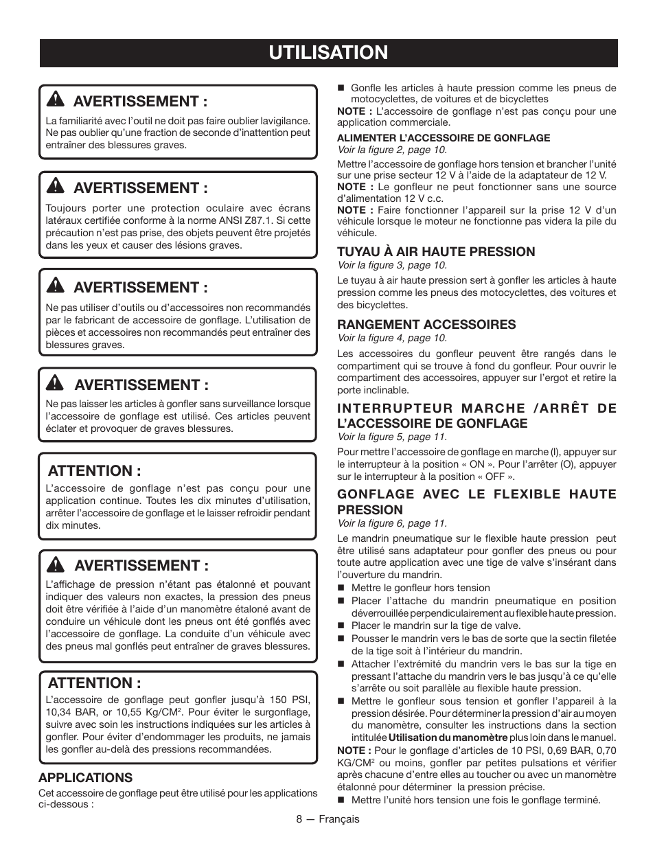 Utilisation, Avertissement, Attention | Ryobi YN100A User Manual | Page 16 / 28