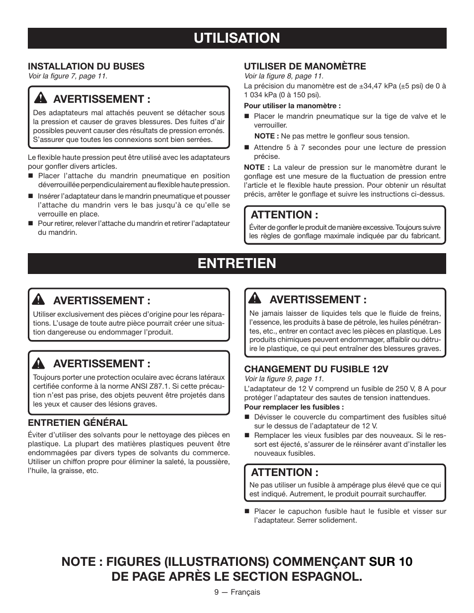 Utilisation, Entretien, Avertissement | Attention | Ryobi YN100A User Manual | Page 17 / 28