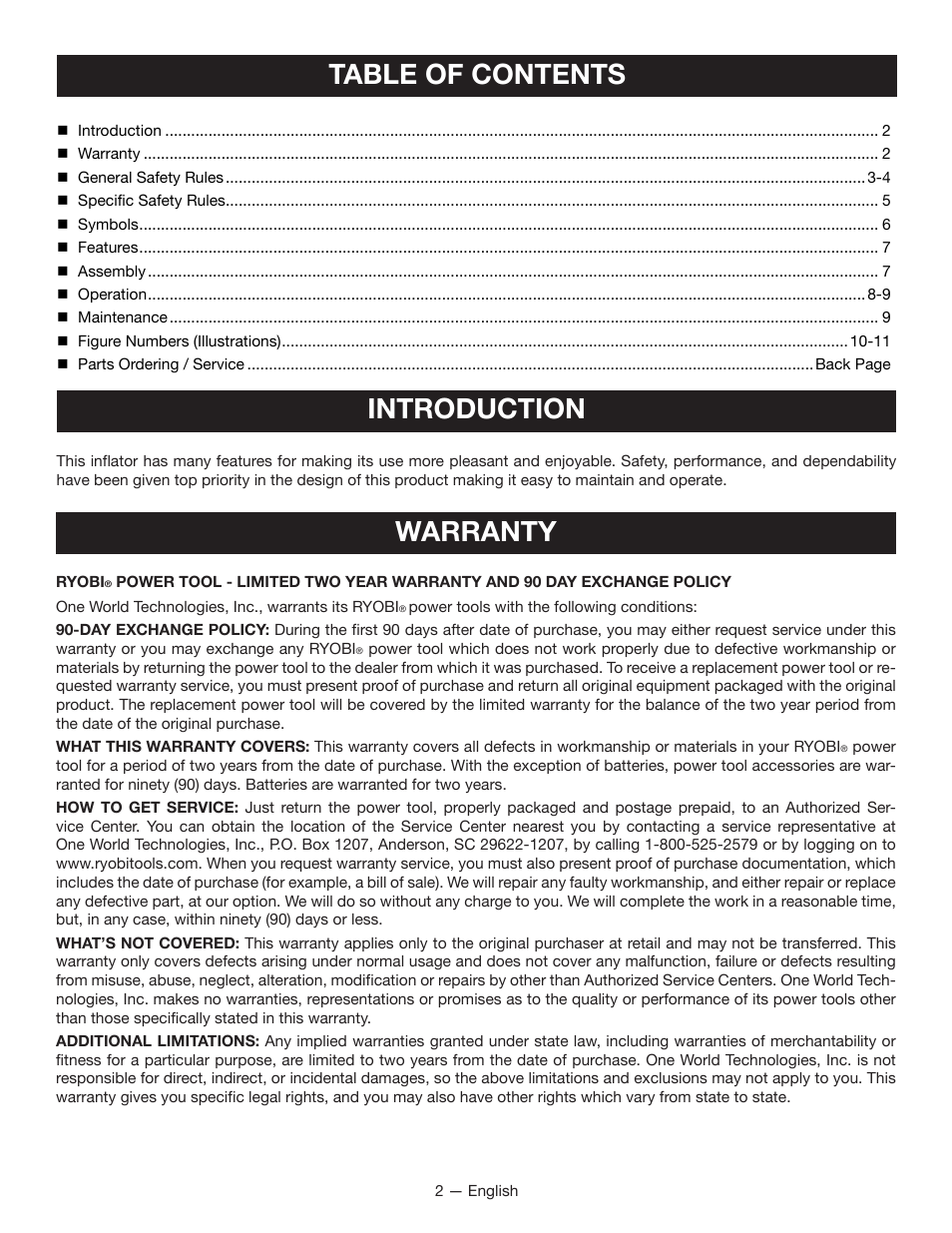 Table of contents introduction, Warranty | Ryobi YN100A User Manual | Page 2 / 28
