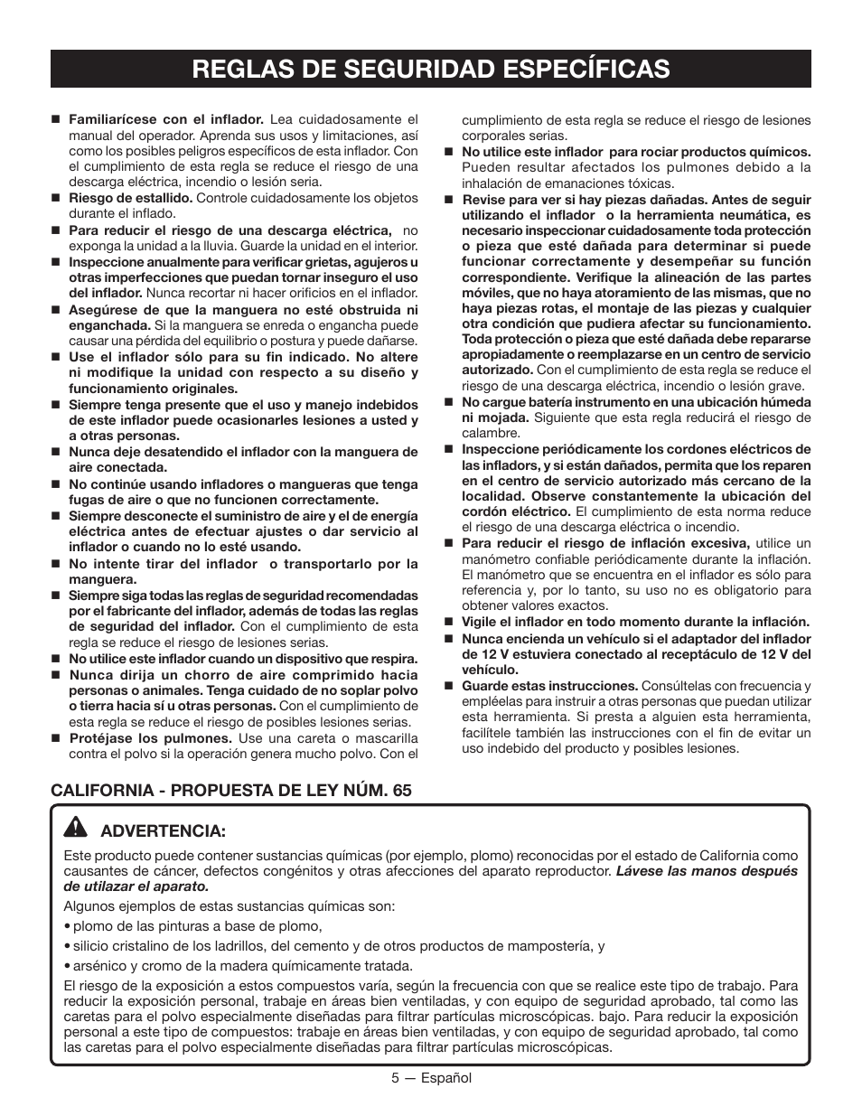 Reglas de seguridad específicas, Advertencia, California - propuesta de ley nъm. 65 | Ryobi YN100A User Manual | Page 21 / 28