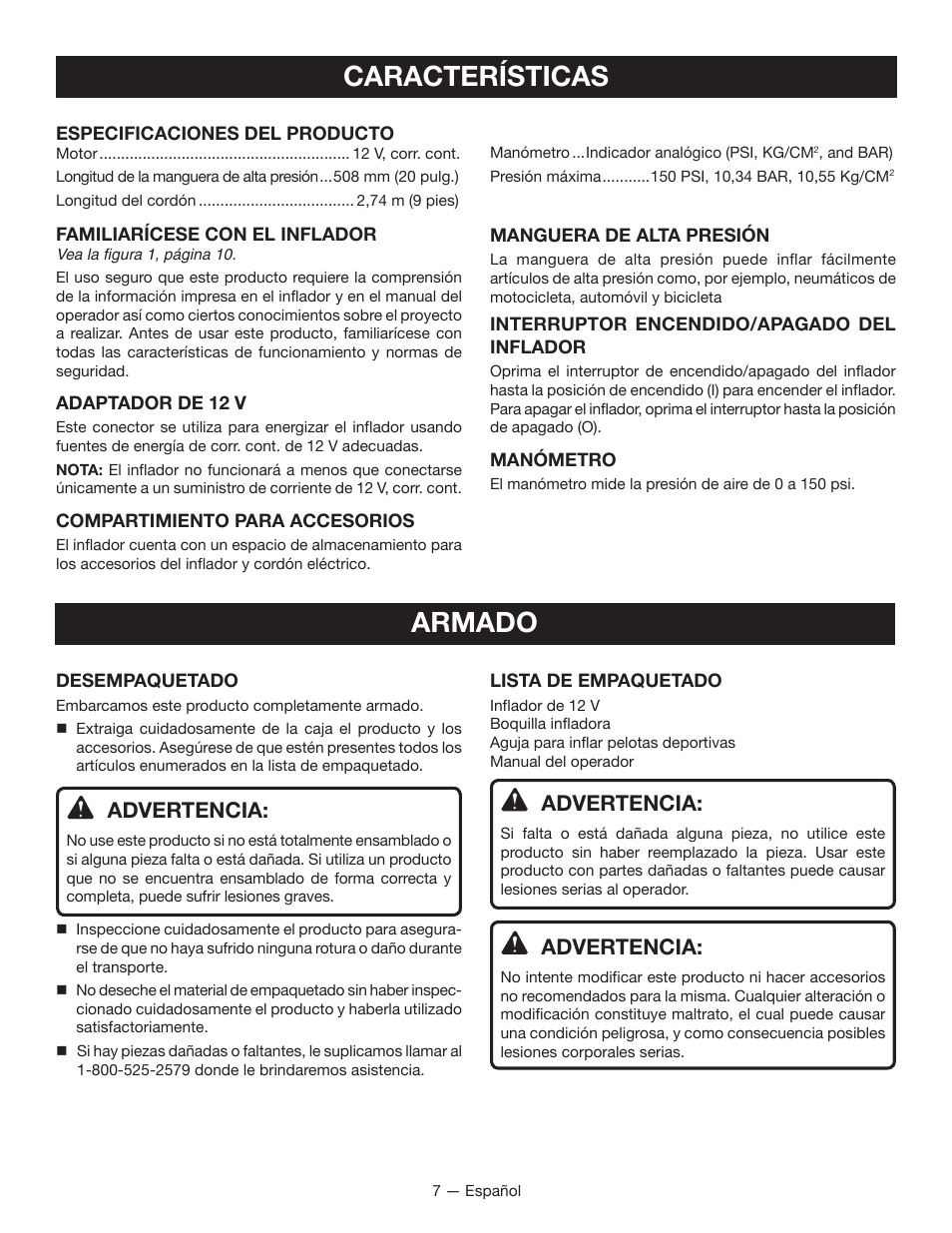 Características, Armado, Advertencia | Ryobi YN100A User Manual | Page 23 / 28