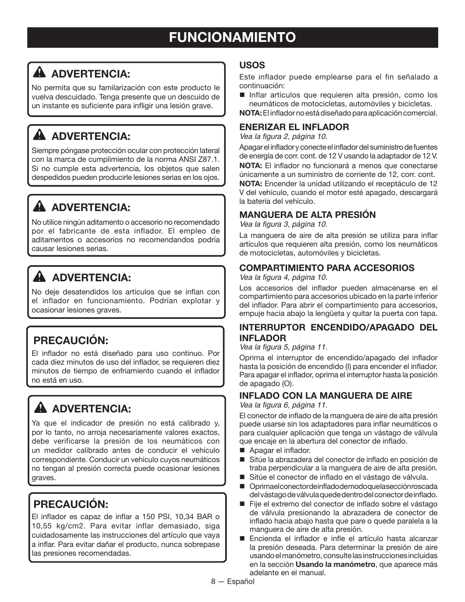 Funcionamiento, Advertencia, Precaución | Ryobi YN100A User Manual | Page 24 / 28