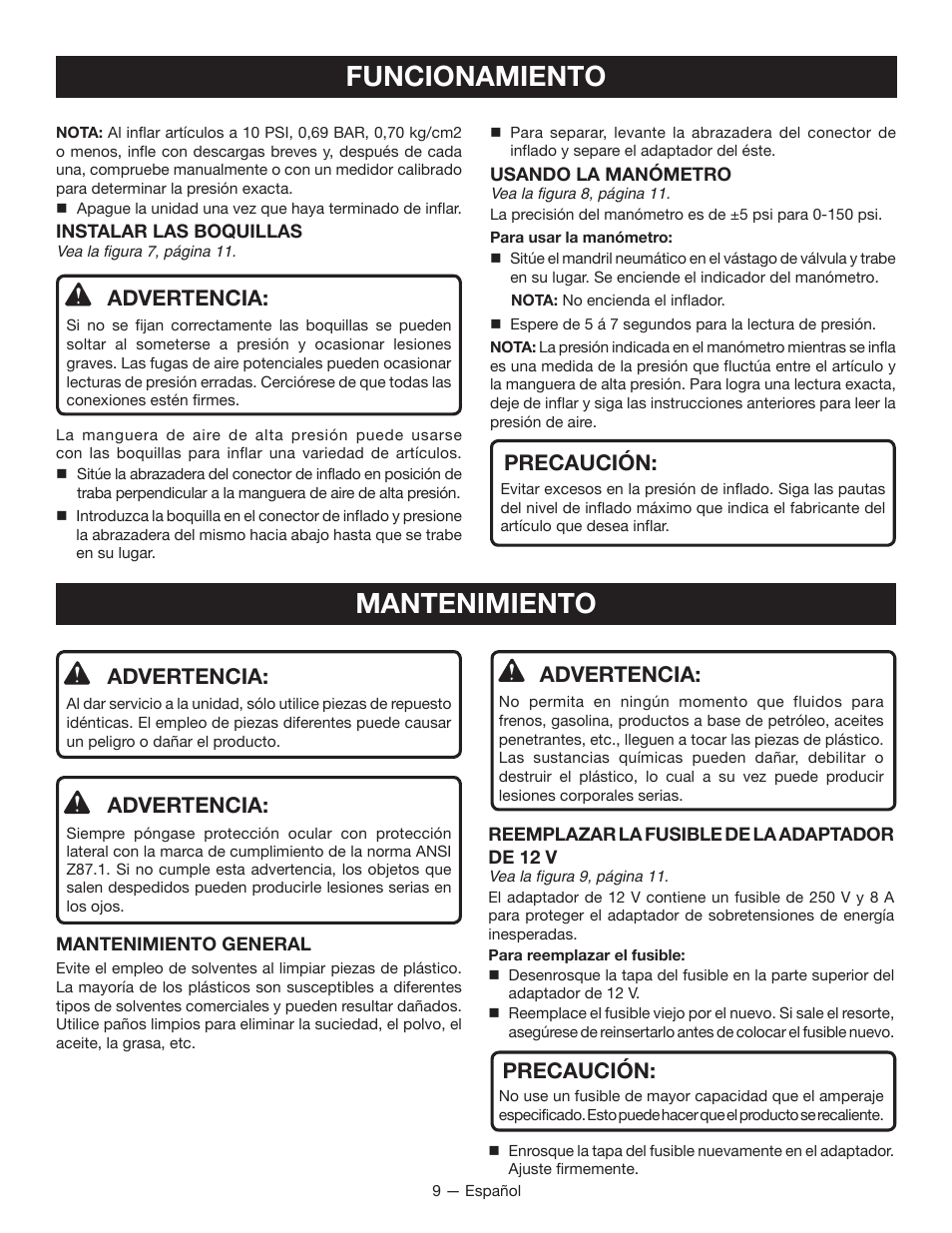 Funcionamiento, Mantenimiento, Advertencia | Precaución | Ryobi YN100A User Manual | Page 25 / 28