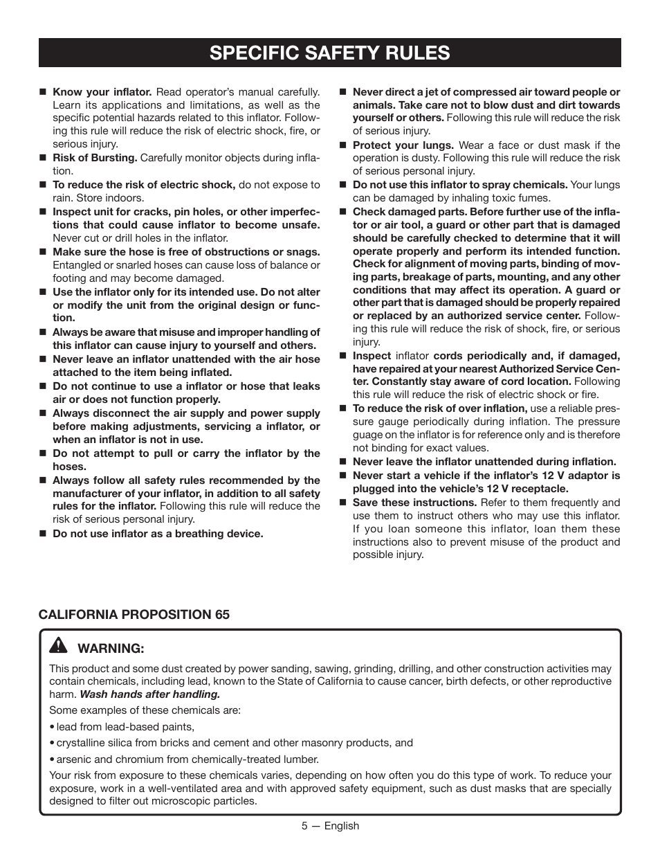Specific safety rules | Ryobi YN100A User Manual | Page 5 / 28