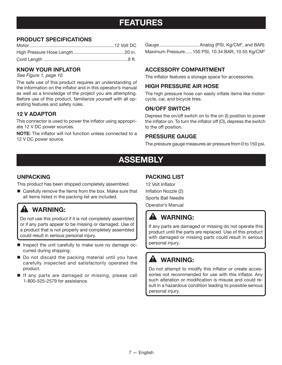 Features, Assembly, Warning | Ryobi YN100A User Manual | Page 7 / 28