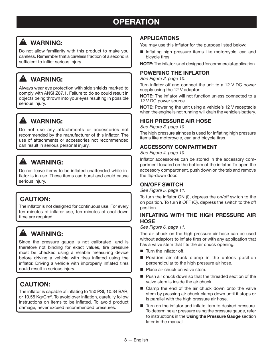 Operation, Warning, Caution | Ryobi YN100A User Manual | Page 8 / 28