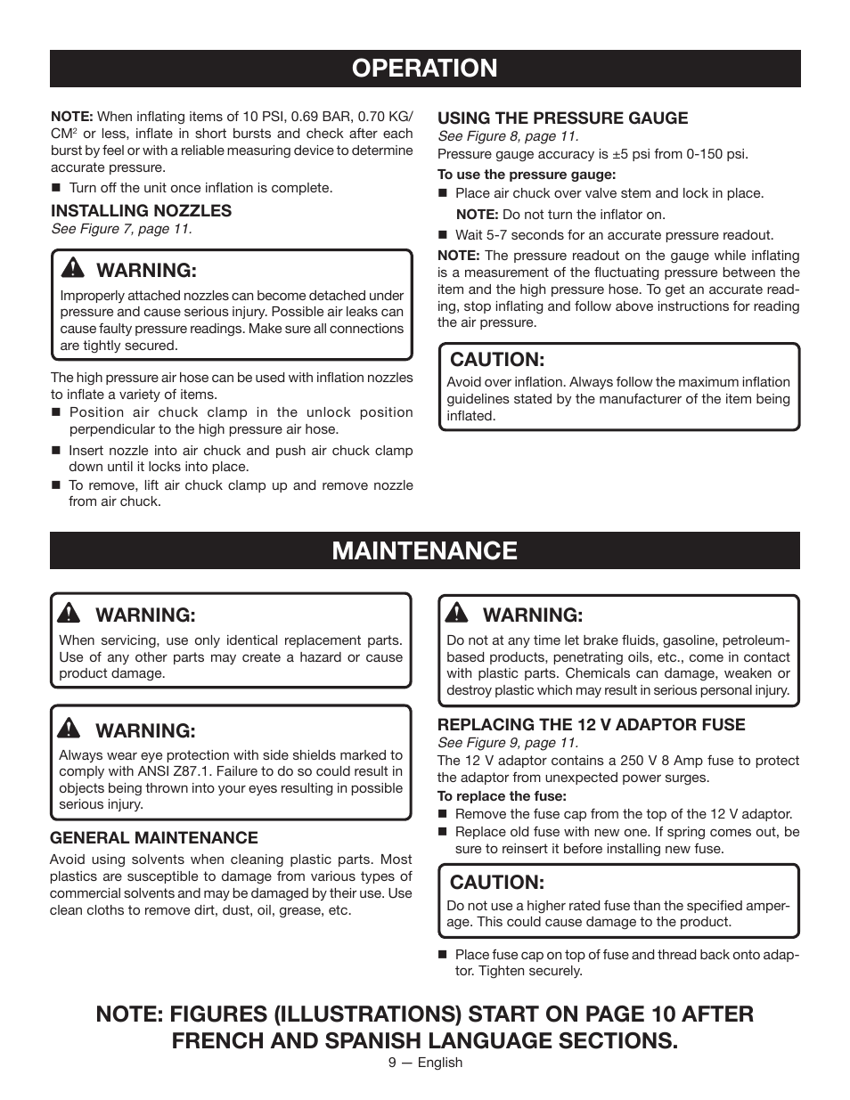 Operation, Maintenance, Warning | Caution | Ryobi YN100A User Manual | Page 9 / 28