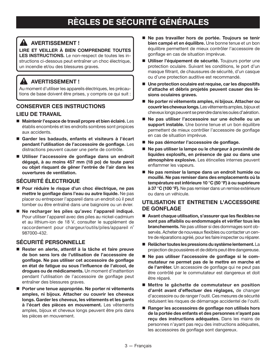 Règles de sécurité générales | Ryobi P731 User Manual | Page 13 / 36
