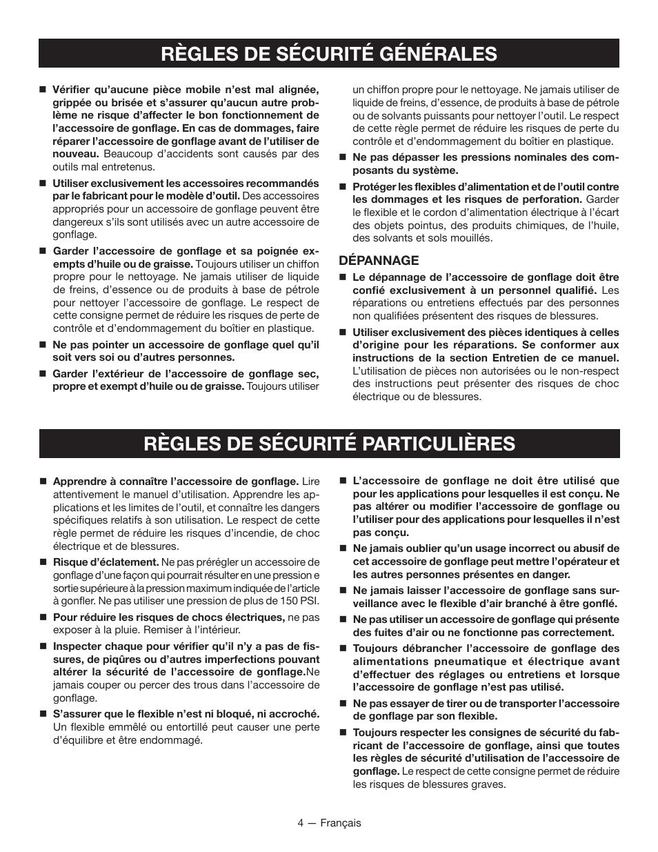 Règles de sécurité générales, Règles de sécurité particulières | Ryobi P731 User Manual | Page 14 / 36