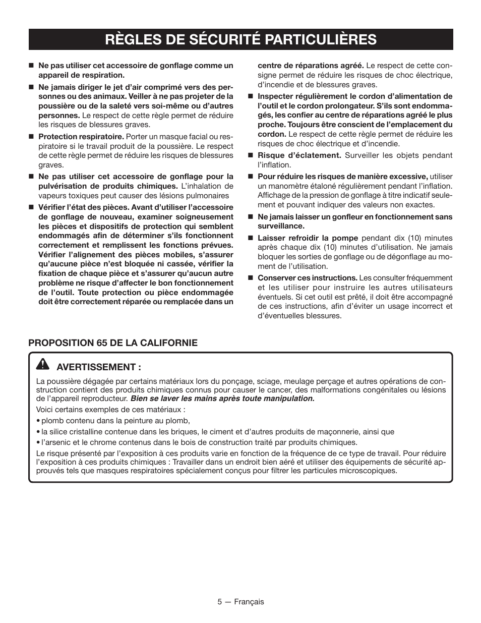 Règles de sécurité particulières | Ryobi P731 User Manual | Page 15 / 36