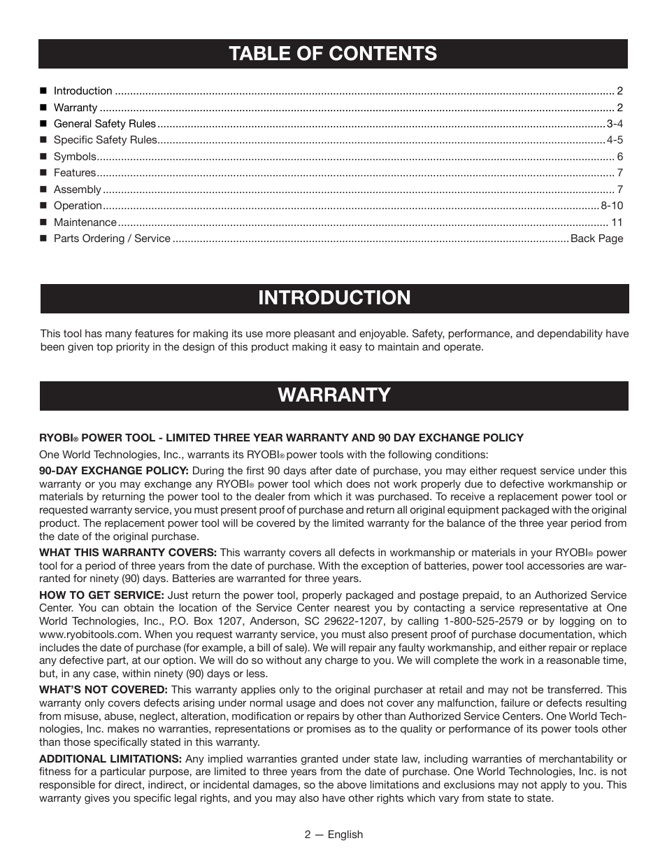 Table of contents introduction, Warranty | Ryobi P731 User Manual | Page 2 / 36