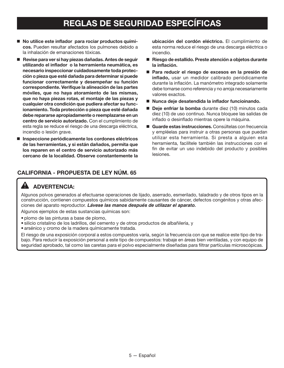 Reglas de seguridad específicas | Ryobi P731 User Manual | Page 25 / 36