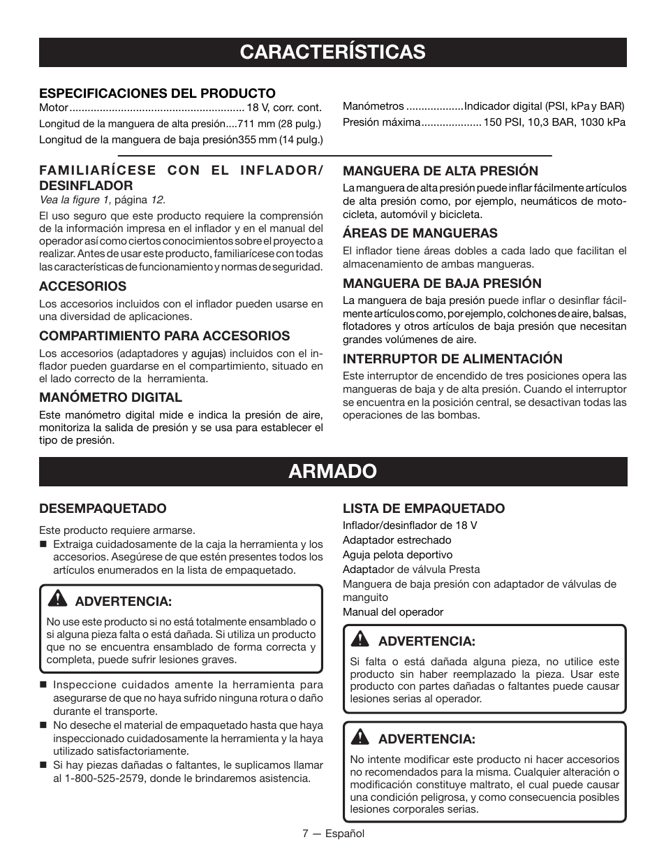 Características armado | Ryobi P731 User Manual | Page 27 / 36