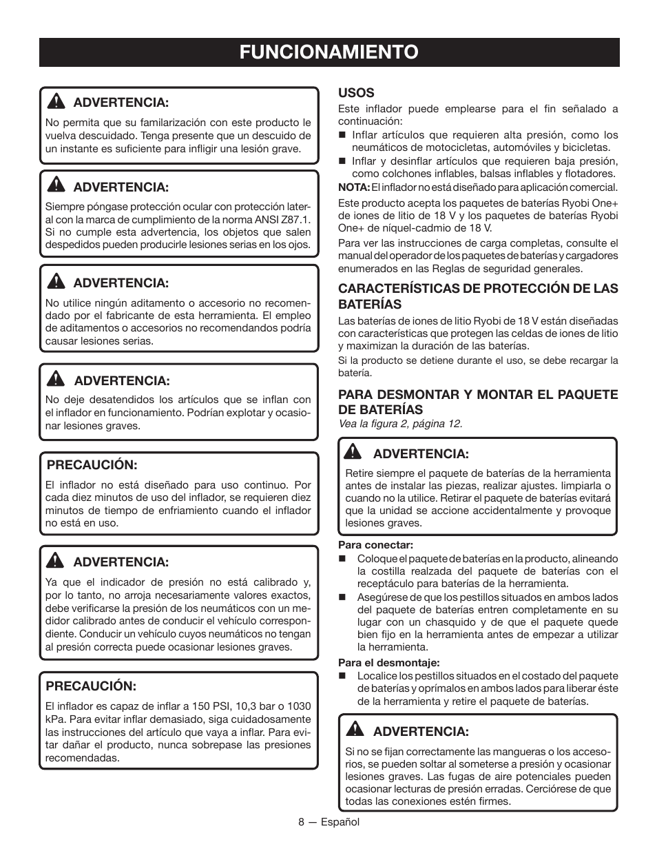 Funcionamiento | Ryobi P731 User Manual | Page 28 / 36