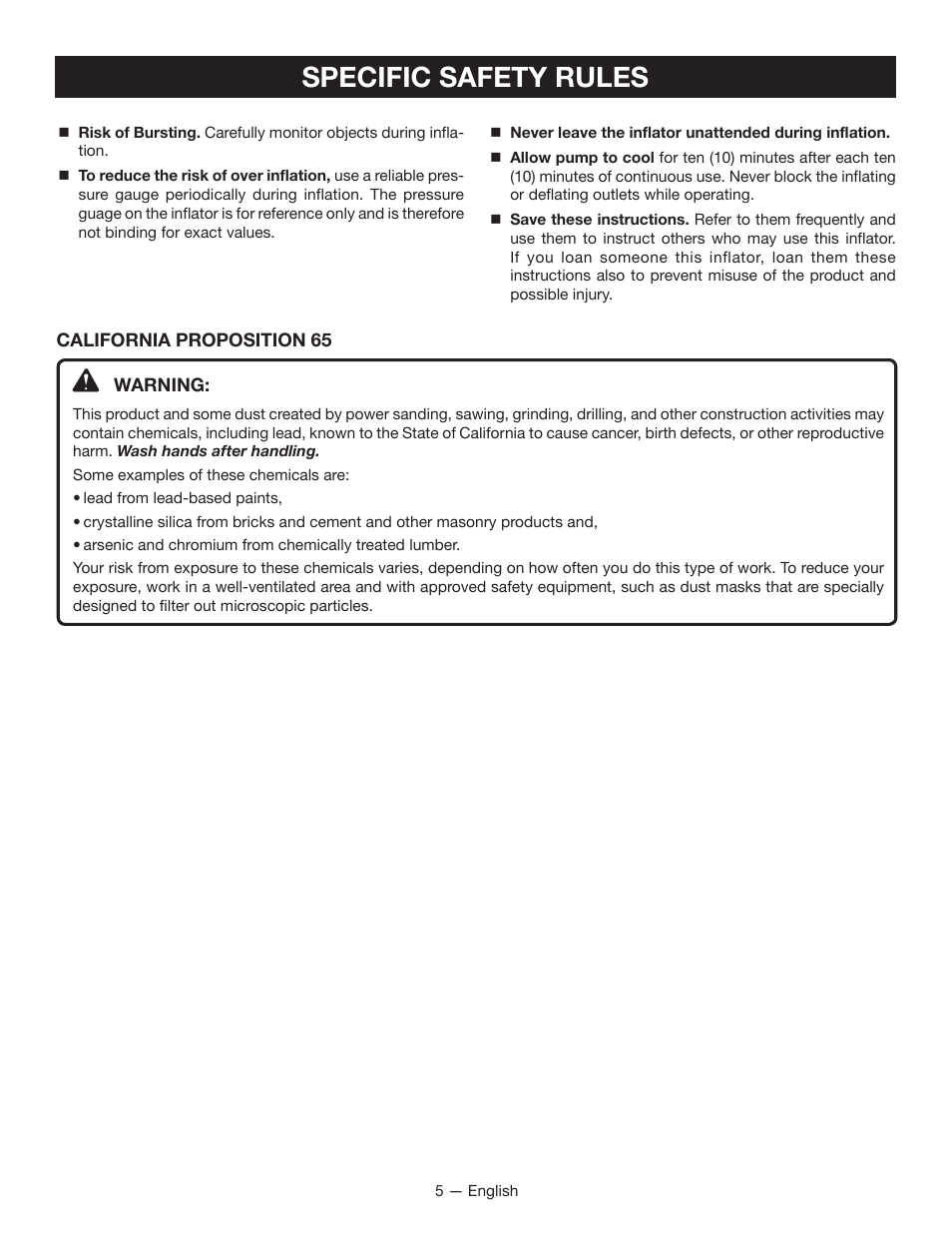 Specific safety rules | Ryobi P731 User Manual | Page 5 / 36