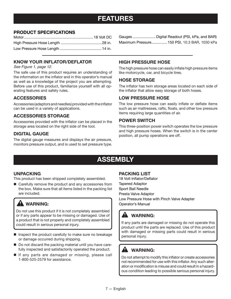 Features, Assembly | Ryobi P731 User Manual | Page 7 / 36