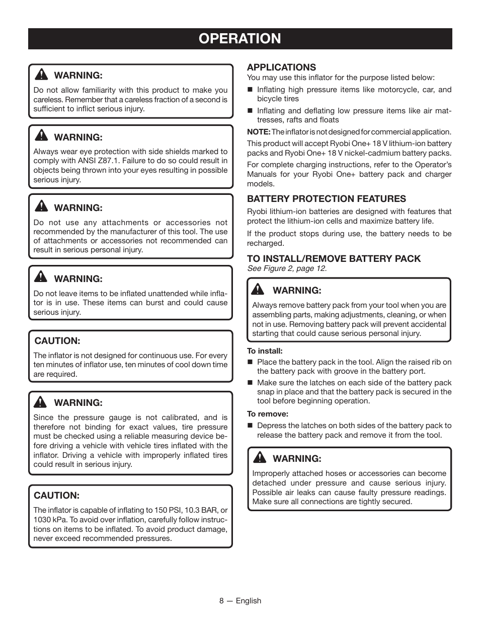 Operation | Ryobi P731 User Manual | Page 8 / 36