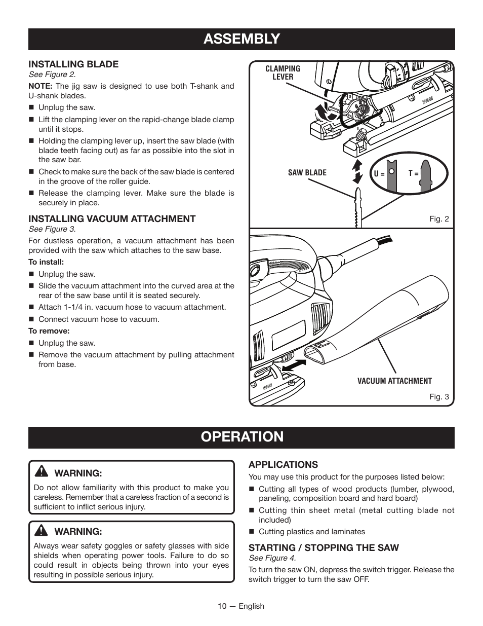 Assembly, Operation | Ryobi JS451L User Manual | Page 10 / 20