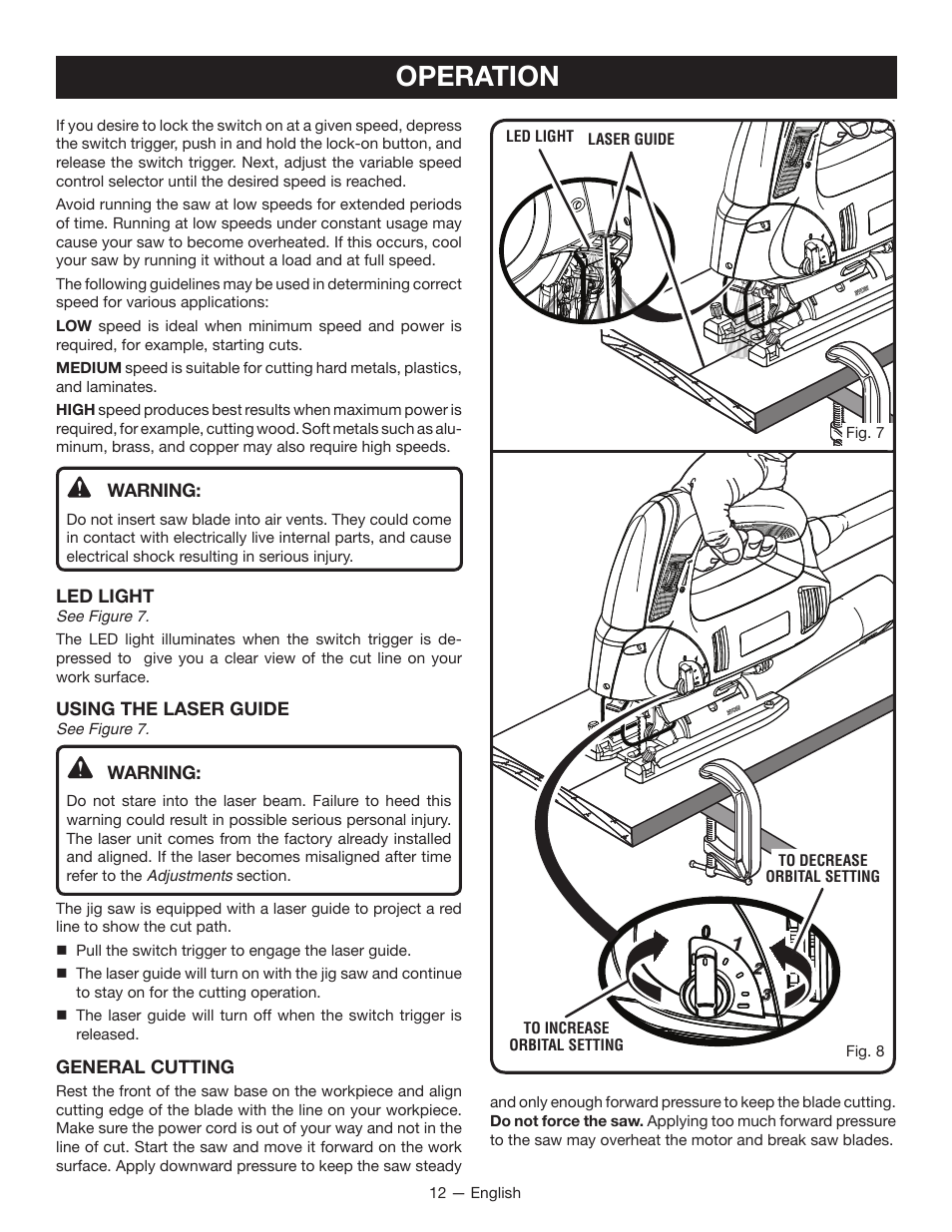 Operation | Ryobi JS451L User Manual | Page 12 / 20